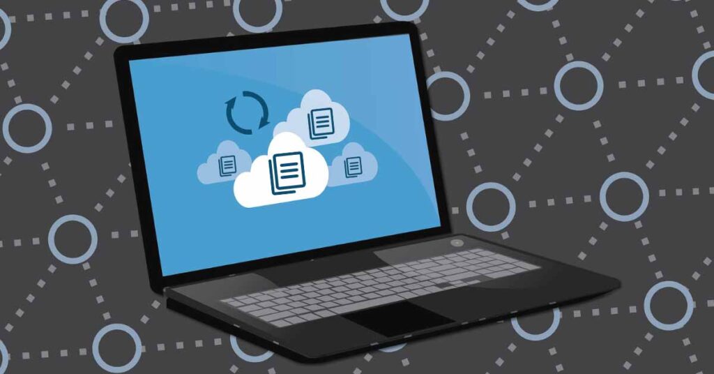 Image of laptop syncing files to the cloud