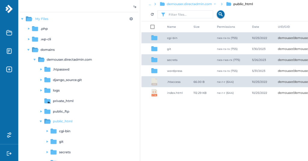 Screenshot of the DirectAdmin file manager