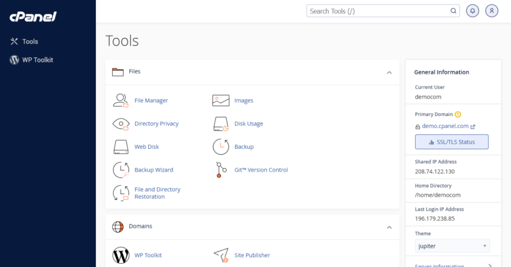 Screenshot of the cPanel dashboard UI