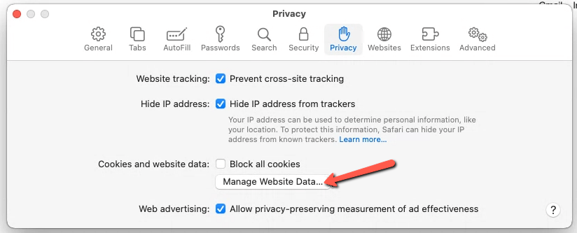 In Safari - click on Manage Website Data