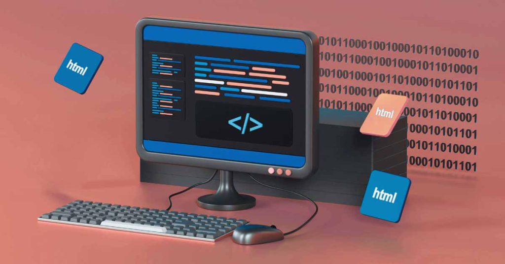 Desktop computer with HTML code on it